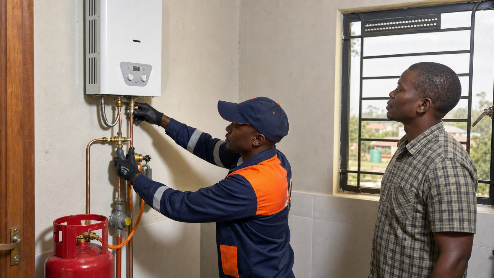 Pandi technician installing a gas geyser and LPG connection